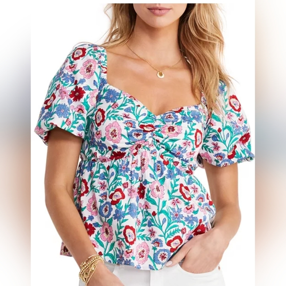 Vineyard Vines Multi Floral Cotton Puff Sleeve Sweetheart Neck Top Plus Size M